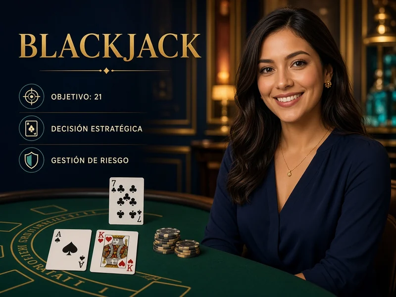Blackjack con cartas, valor de la mano y decisiones de juego