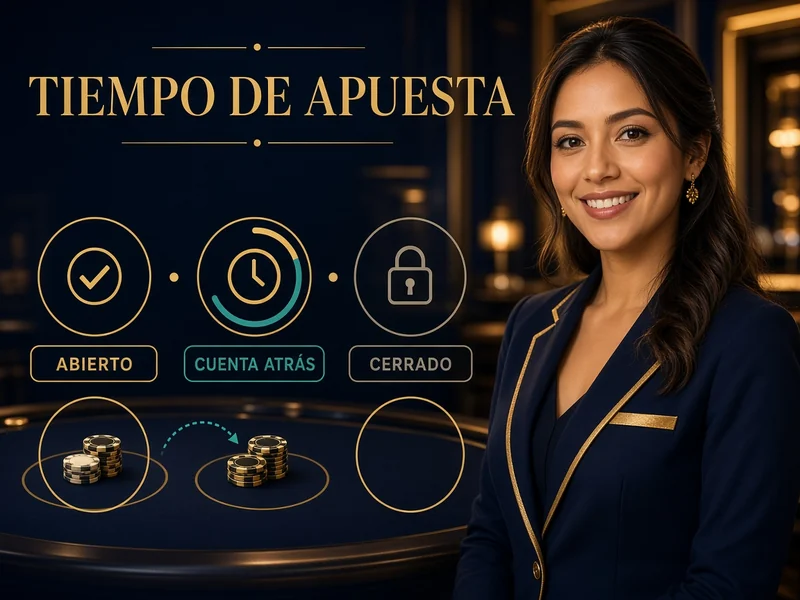 Flujo educativo de apuestas abiertas, cuenta regresiva y apuestas cerradas en una mesa en vivo