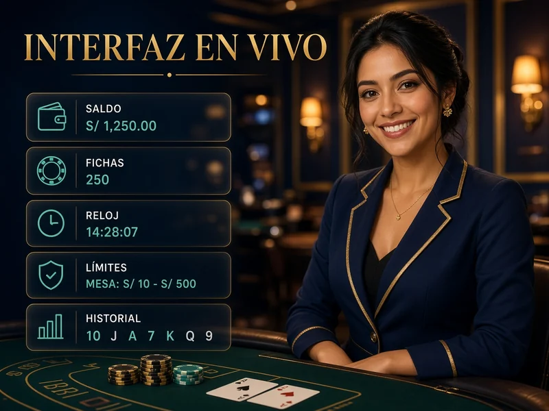 Interfaz educativa de mesa en vivo con vídeo, saldo, fichas, reloj, límites e historial