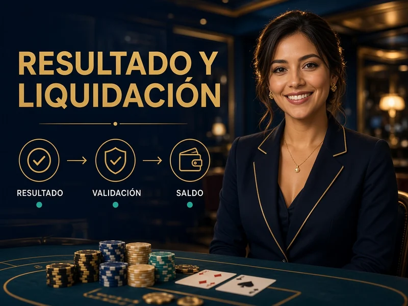 Flujo educativo de resultado, liquidación y actualización de saldo en una mesa en vivo
