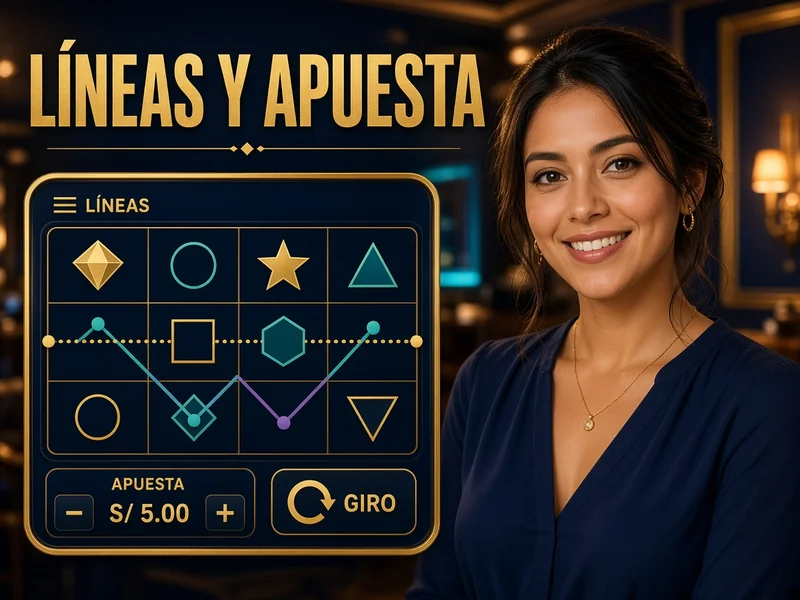 Interfaz educativa de tragamonedas con apuesta, líneas y botón de giro